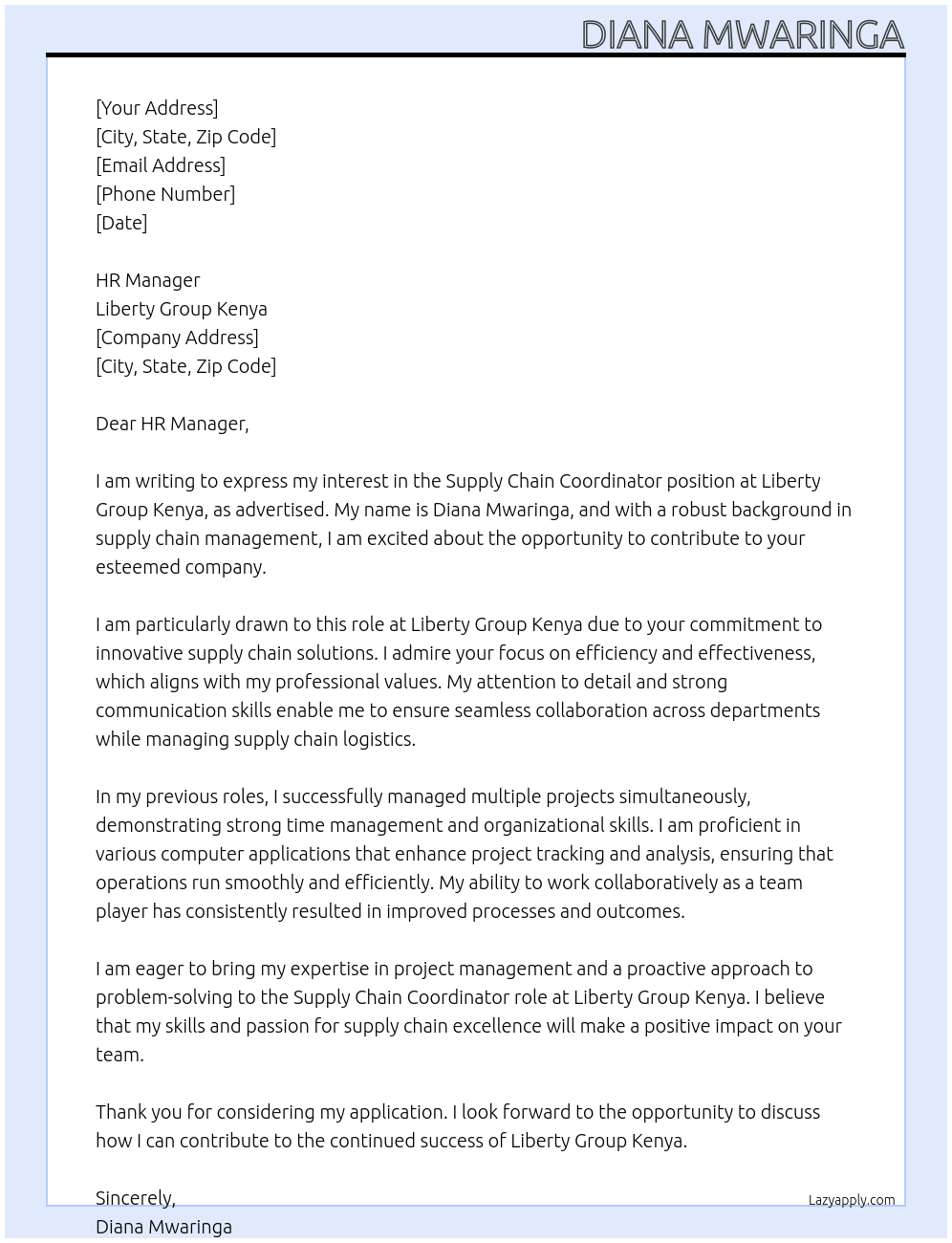 Supply Chain Coordinator At Liberty Group Kenya Cover Letter