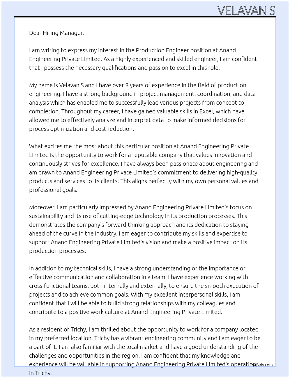 Production Engineer At Anand engineering private limited Cover Letter