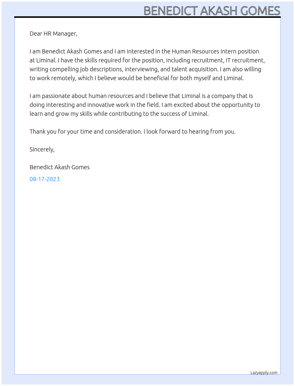 Human Resources Intern At Liminal Cover Letter