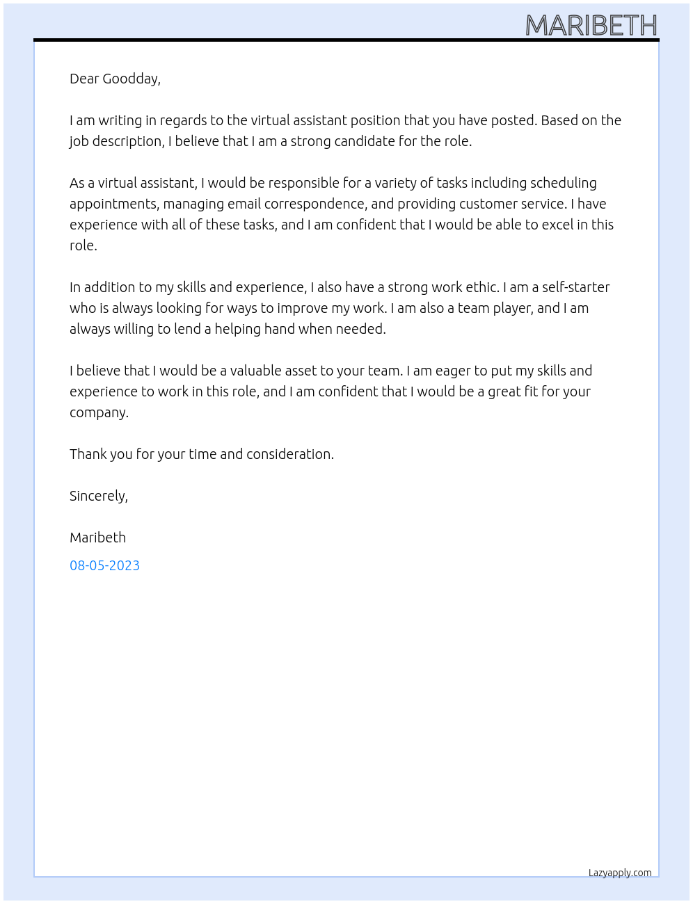 general virtual assistant At " " Cover Letter