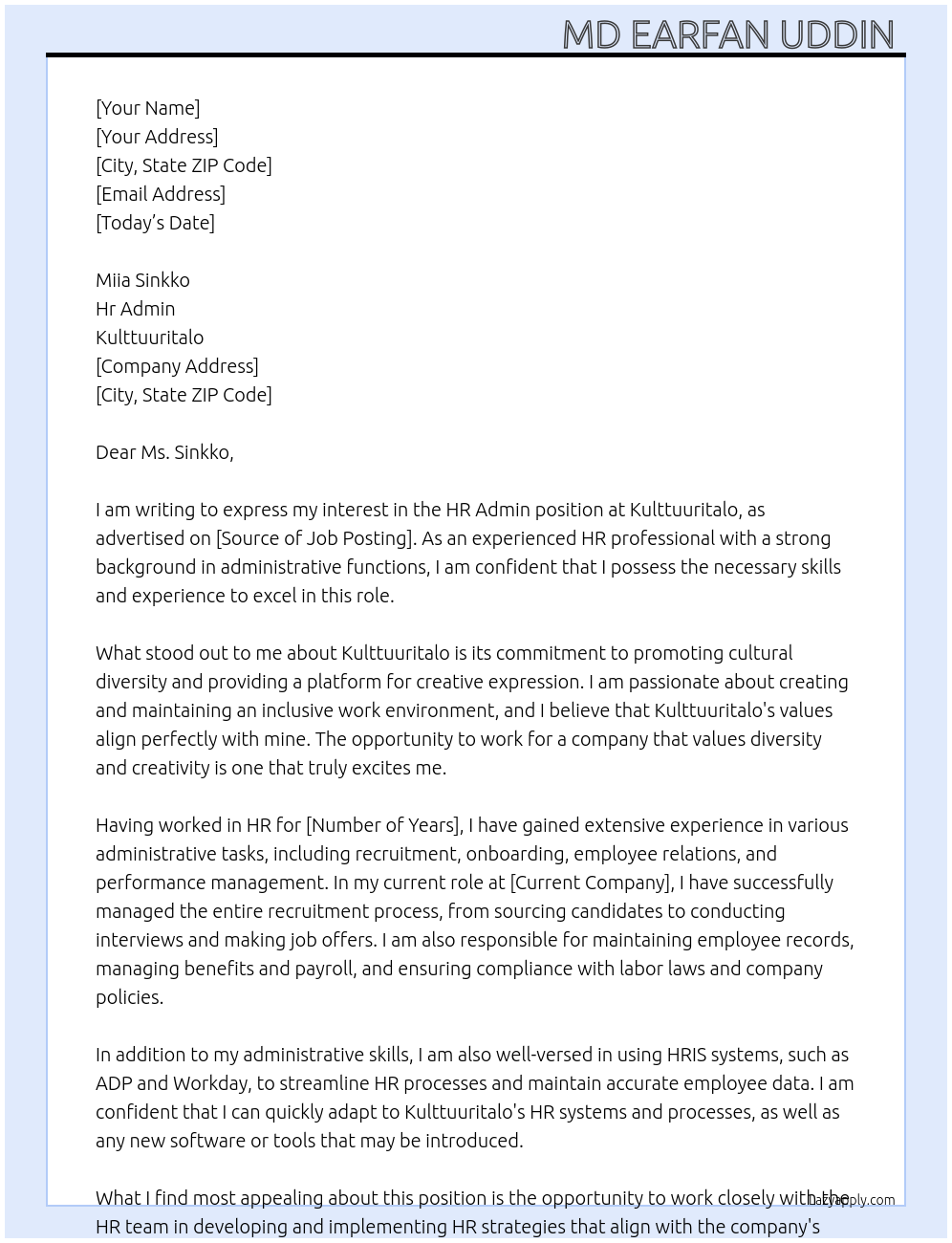 Hr admin At Kulttuuritalo Cover Letter