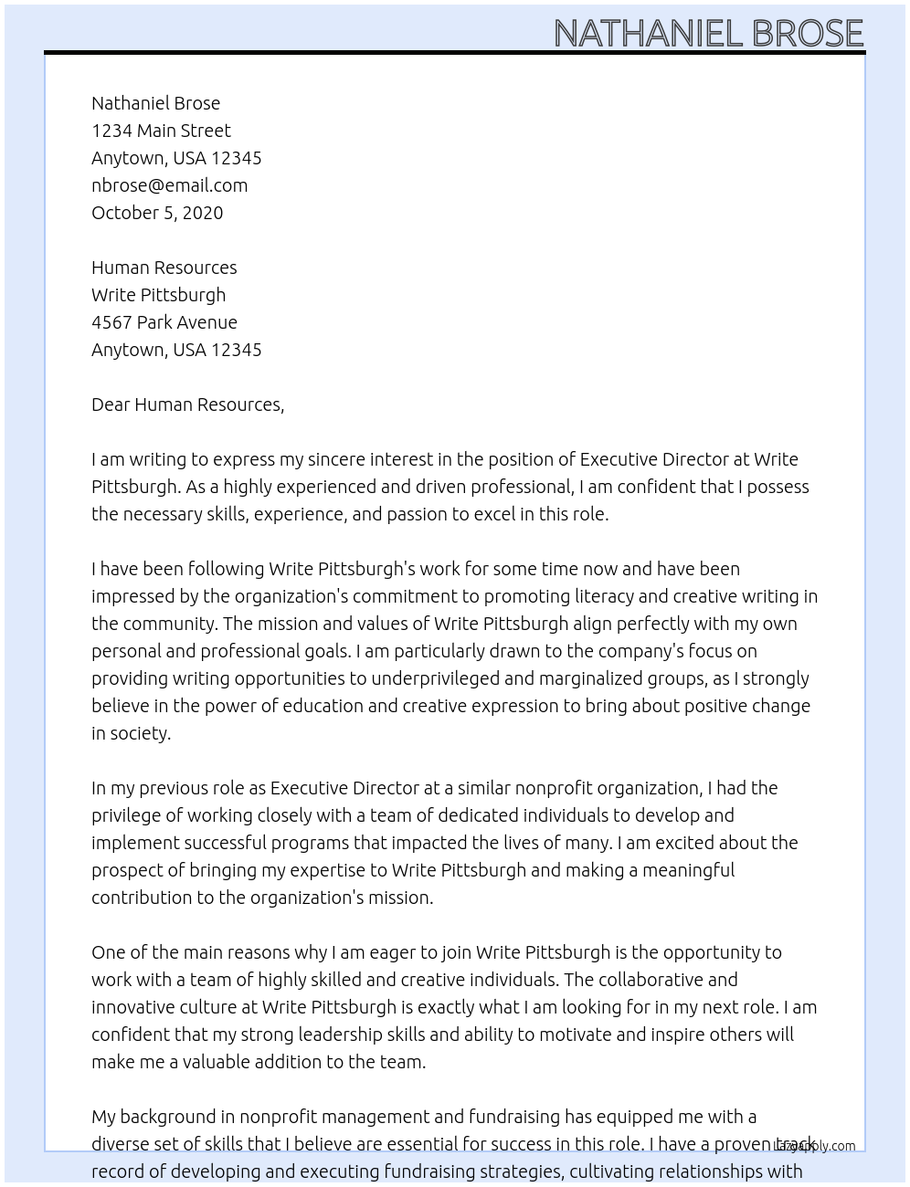 Executive Director At Write Pittsburgh Cover Letter