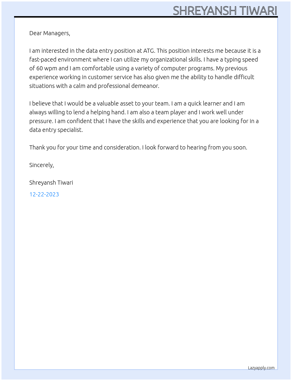 Data entry  At ATG  Cover Letter