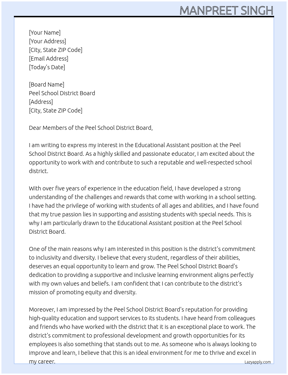 Educational assistant At peel school district board Cover Letter