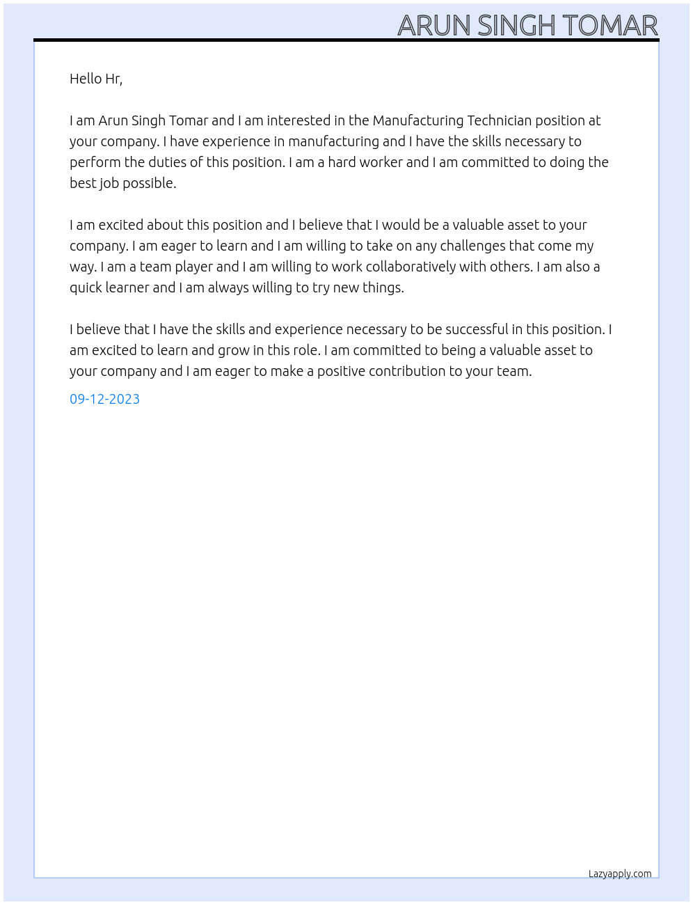 Manufacturing Technician At Na Cover Letter