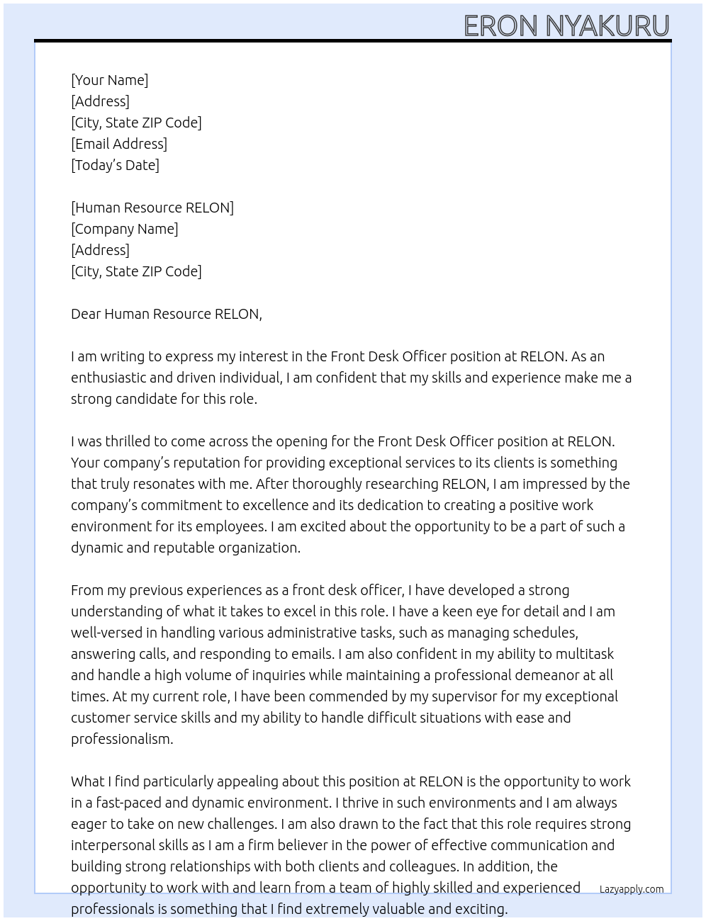 front desk officer At RELON Cover Letter
