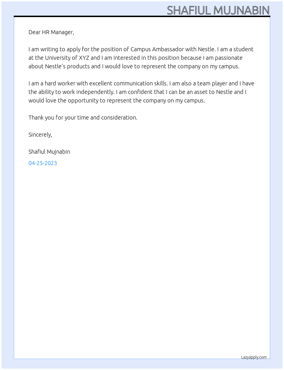 Campus ambassador At Nestle Cover Letter