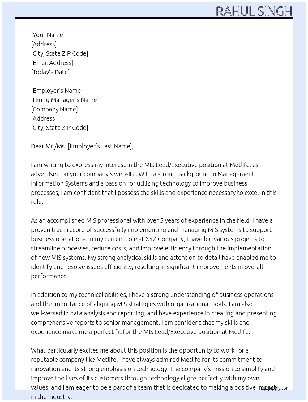 MIS Lead/Executive At Metlife Cover Letter