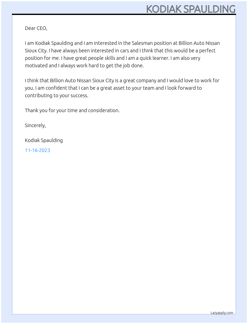 Salesman At Billion Auto nissan Sioux cit Cover Letter