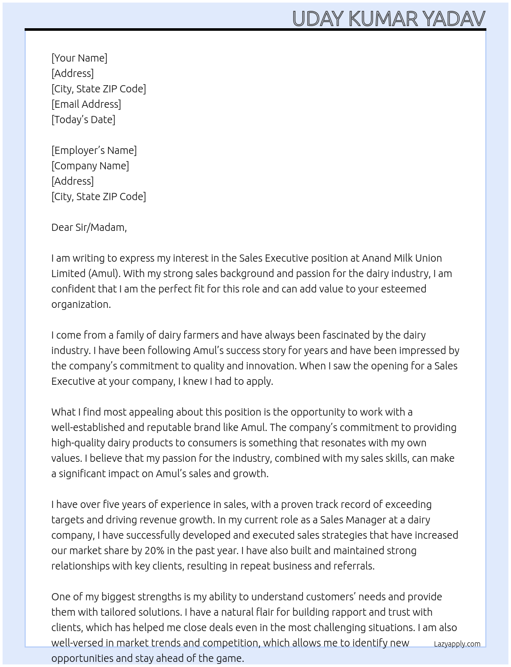 Sale Executive At Anand milk union limited (Amul) Cover Letter