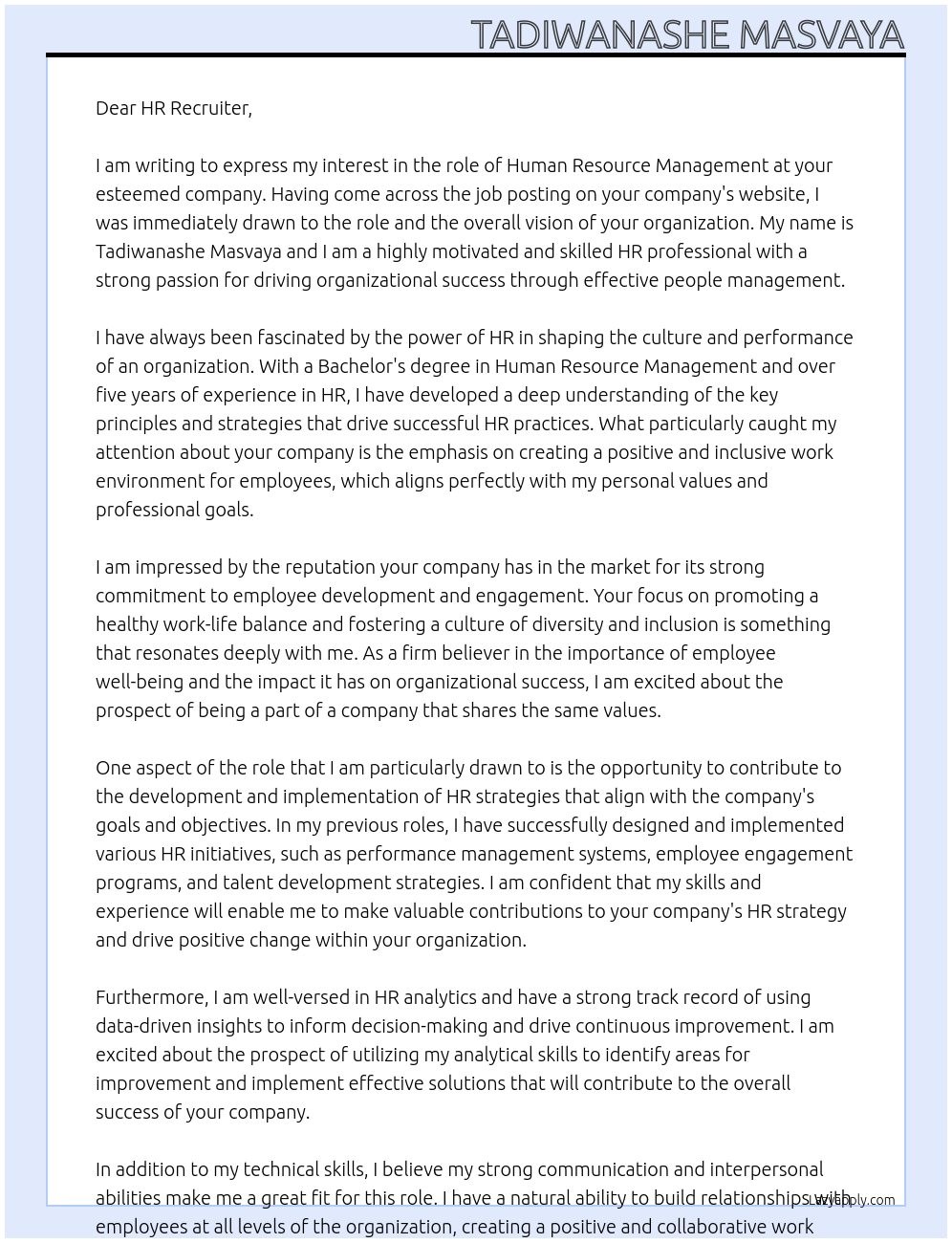 Human Resource Management At Company Cover Letter