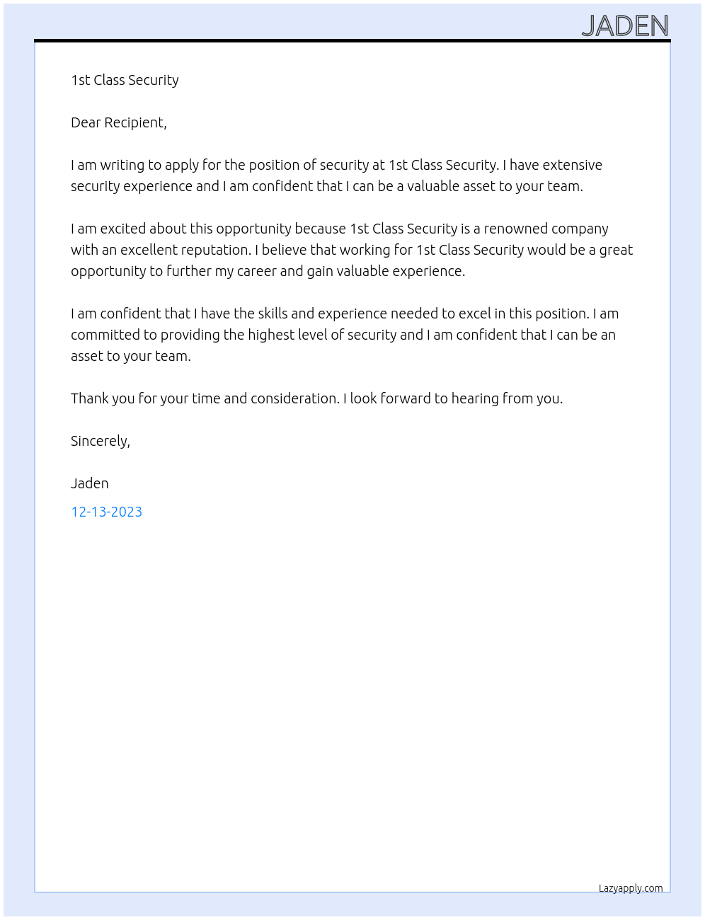 Security At 1st Class Security Cover Letter