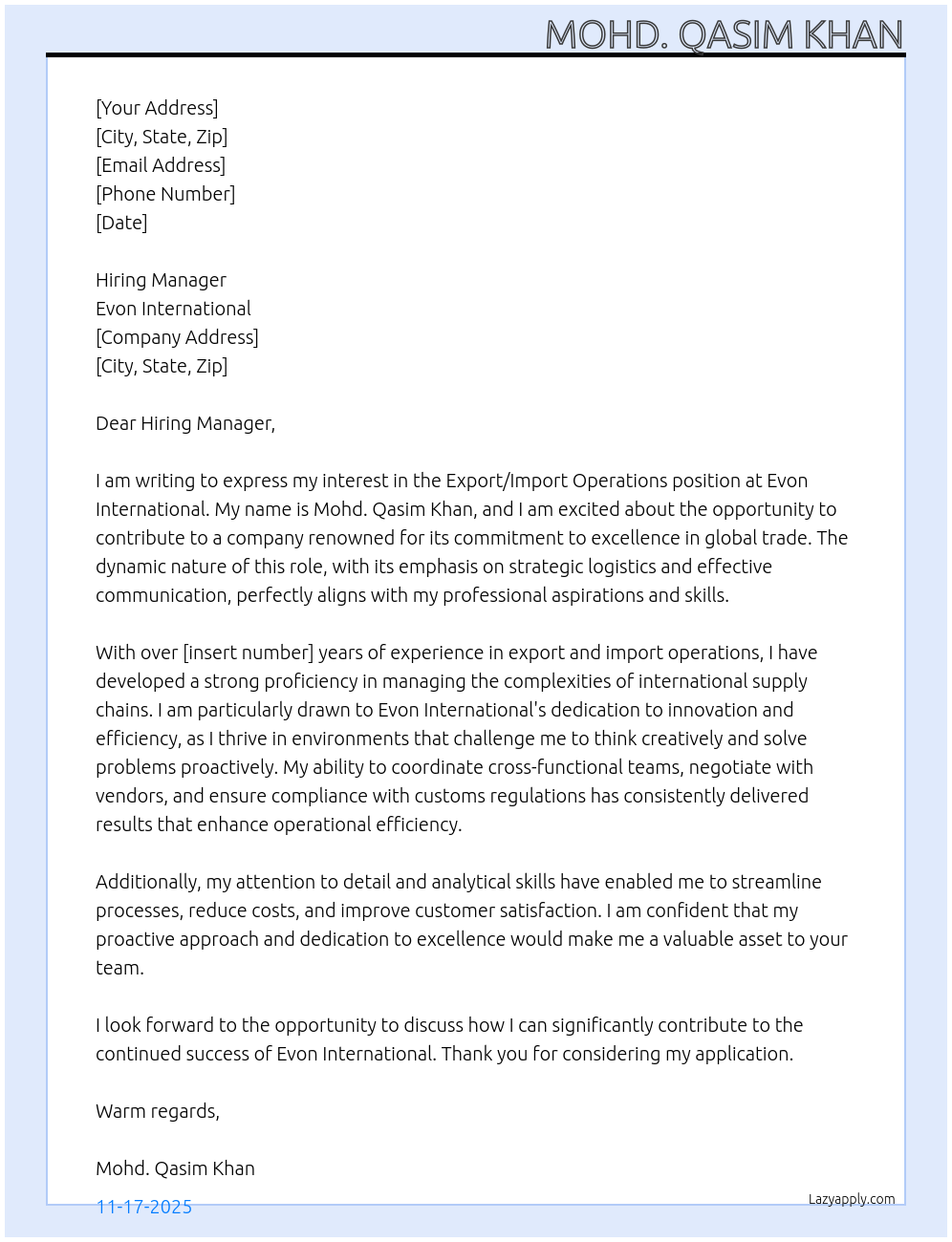 Cover letter for export/import operations - LazyApply