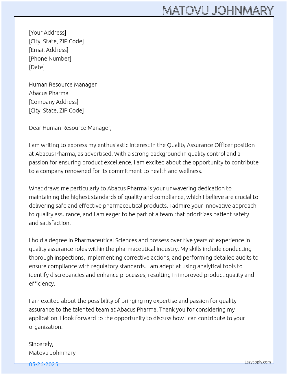 Quality assurance officer  At Abacus Pharma  Cover Letter