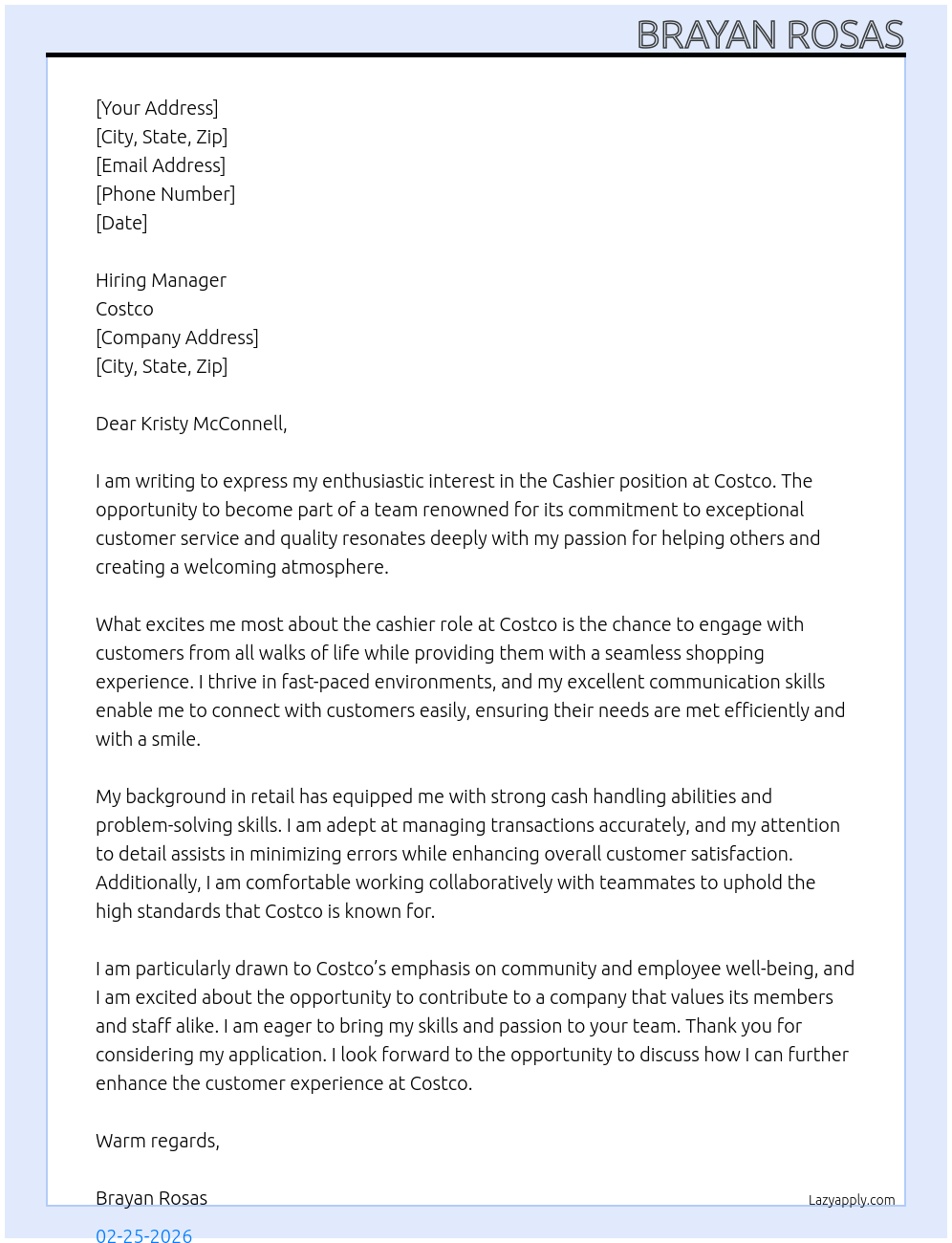 Cashier  At costco  Cover Letter