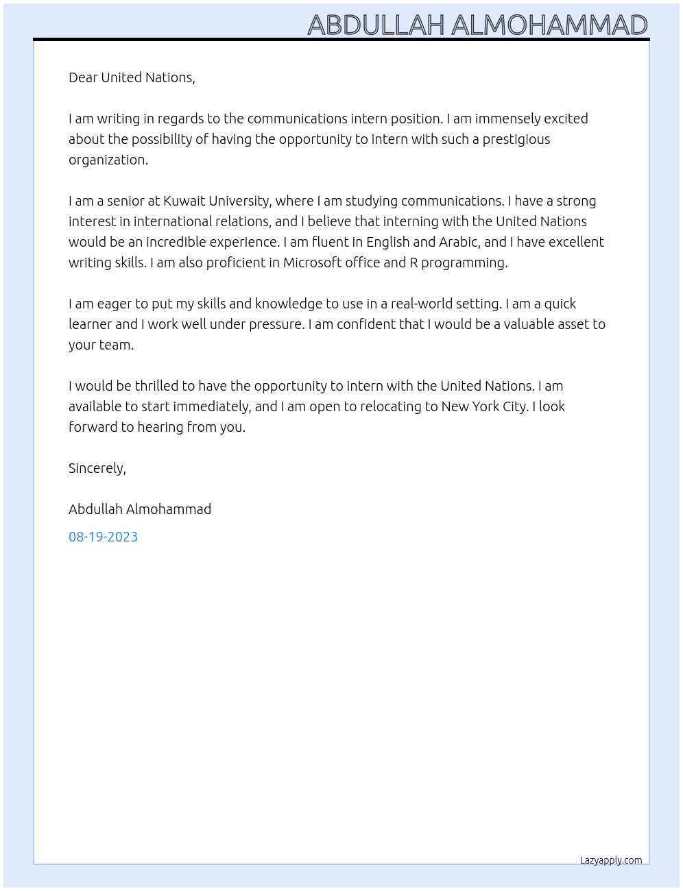 Communications Intern At United Nations Cover Letter