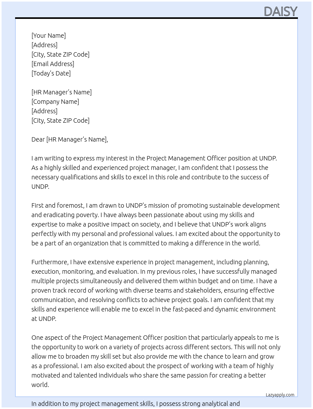 Project Management officer At UNDP Cover Letter