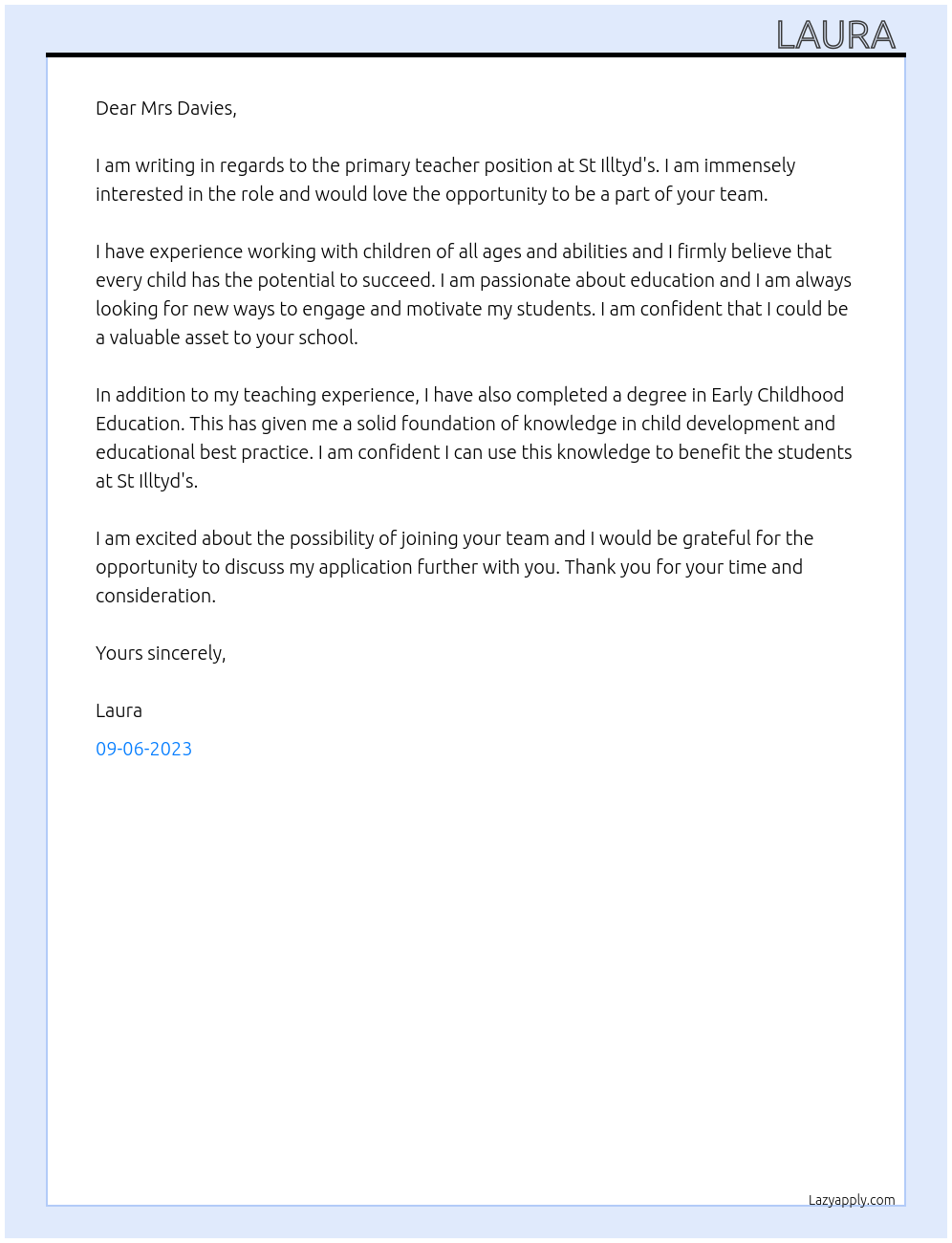 Primary teacher At St Illtyd's Cover Letter