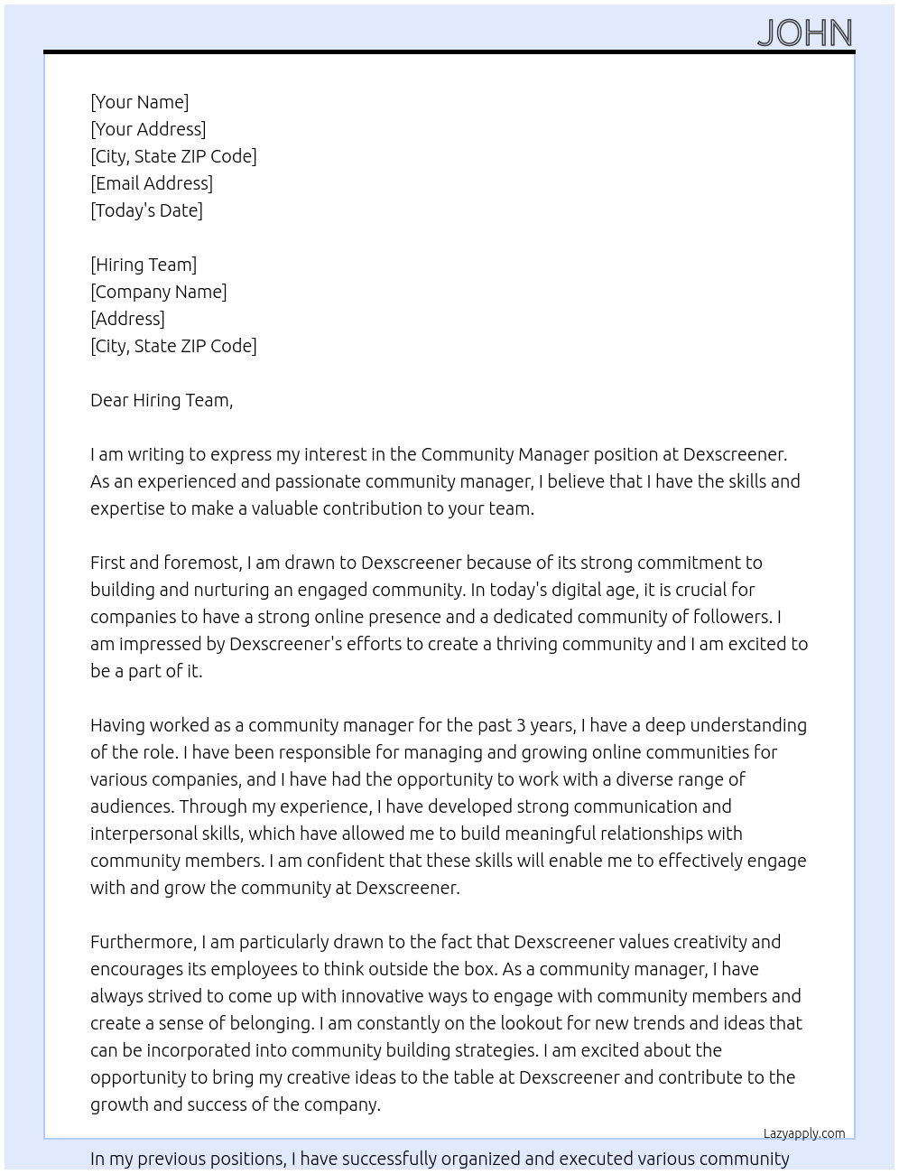 Community Manager At Dexscreener Cover Letter