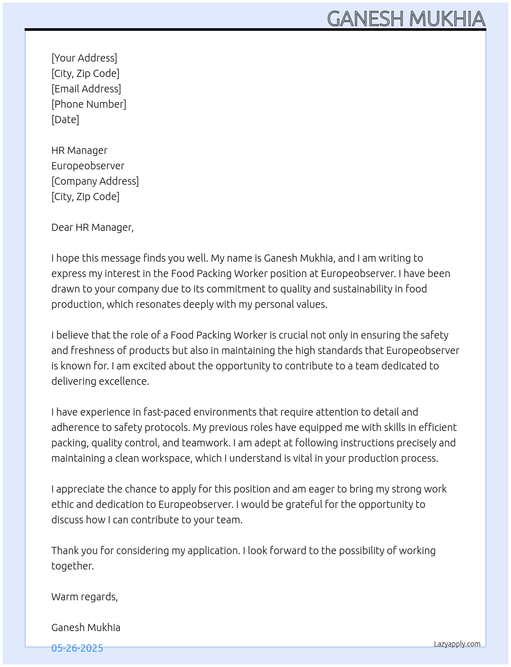 Food Packing Worker At europeobserver Cover Letter