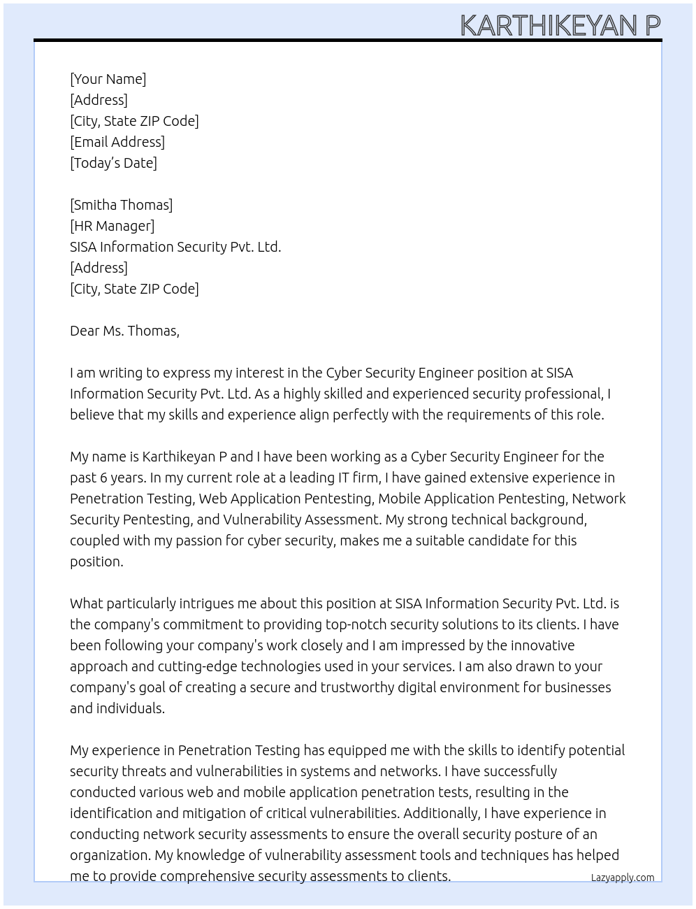 Cyber Security Engineer At SISA Information Security Pvt. Ltd. Cover Letter