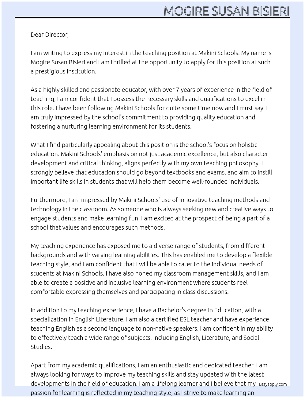 teaching At makini schools Cover Letter