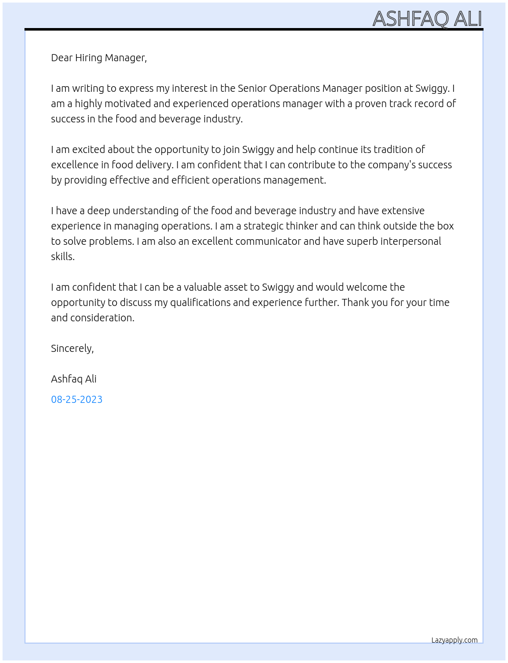 Senior Operations Manager At Swiggy Cover Letter