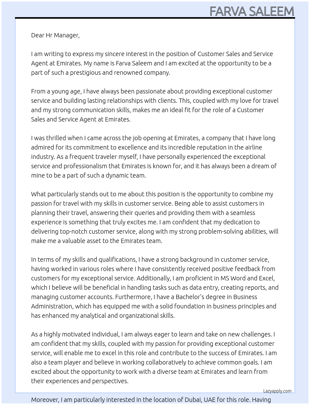 Cover letter for customer sales and service agent - LazyApply