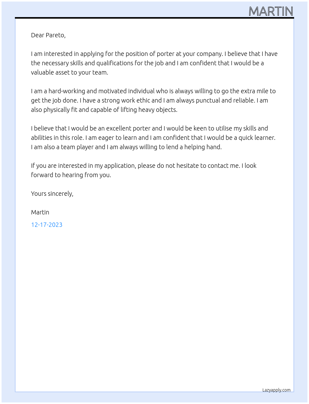 Porter At Pareto Cover Letter