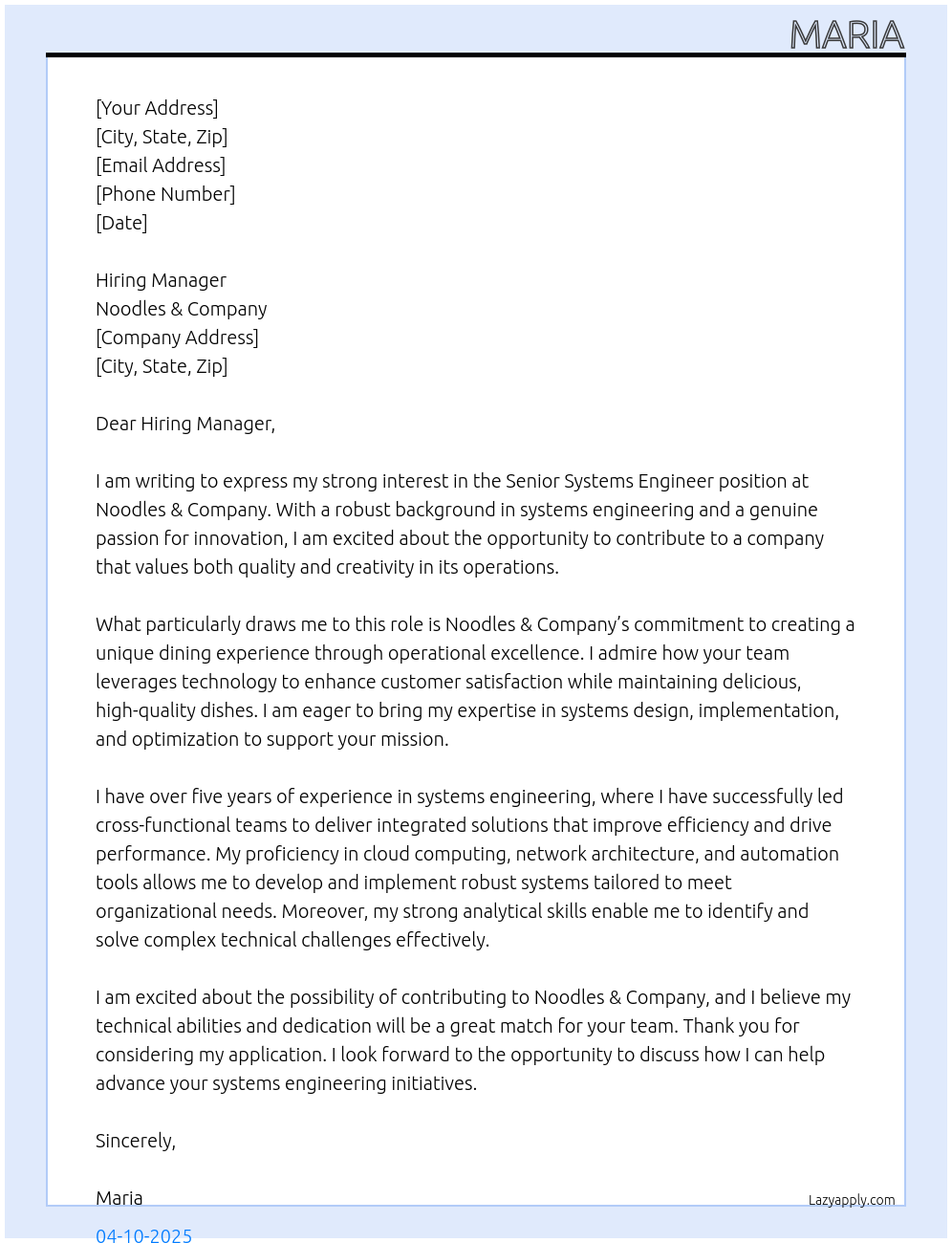 Cover letter for senior systems engineer - LazyApply