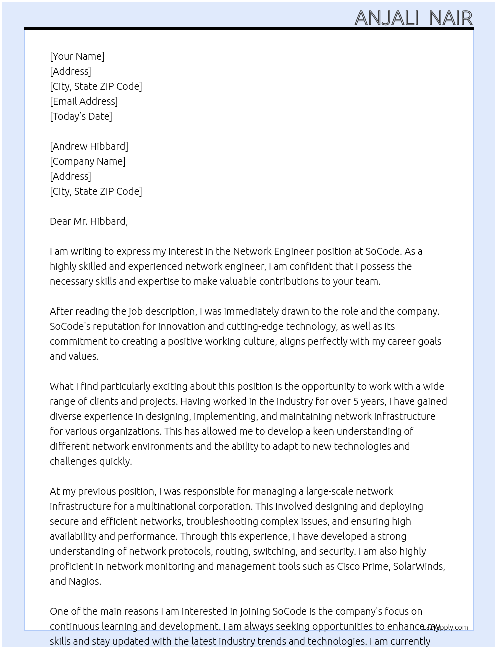 Network Engineer At SoCode Cover Letter