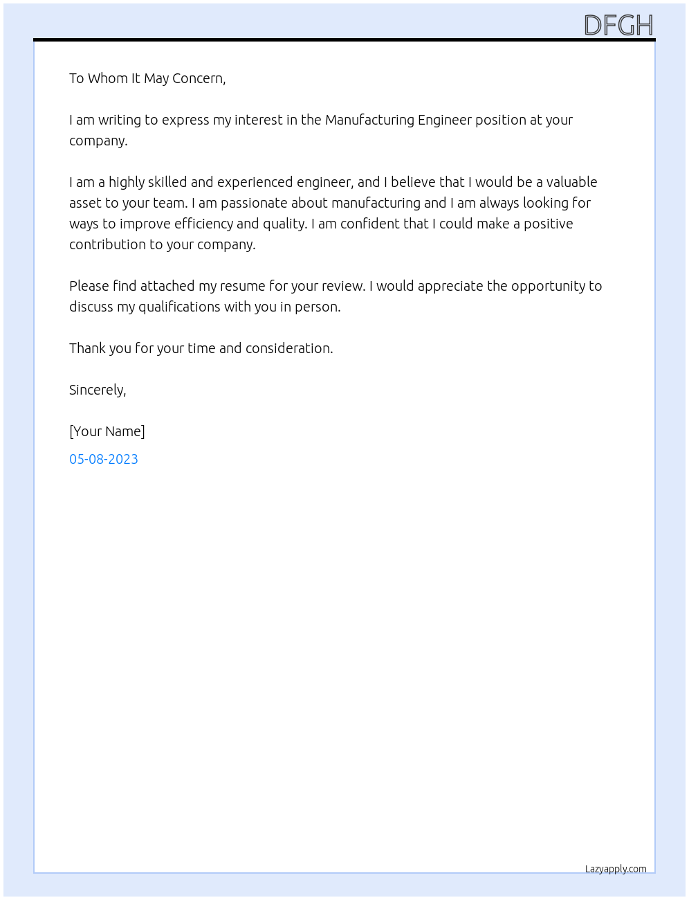 Manufacturing Engineer At dfvh Cover Letter