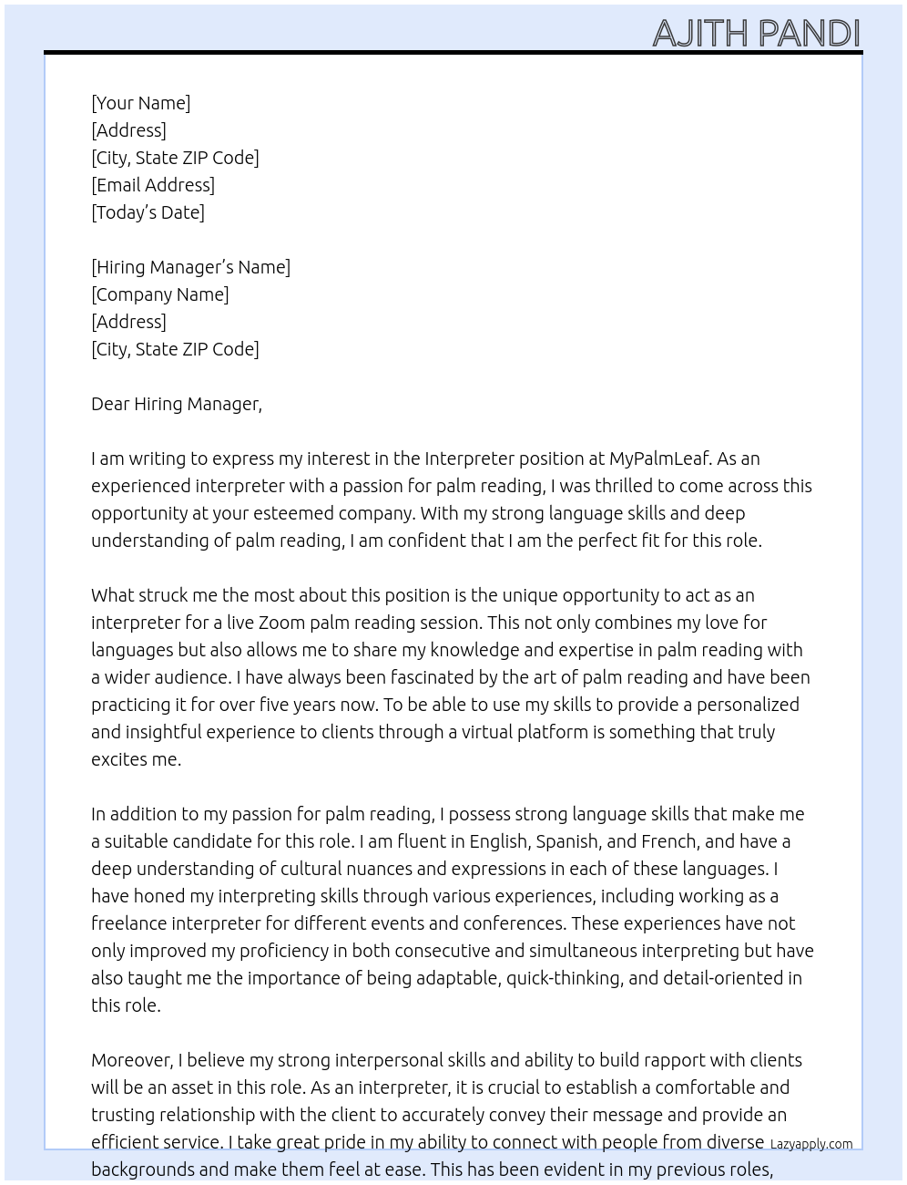 Interpreter At MyPalmLeaf Cover Letter