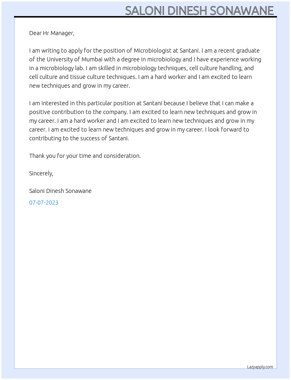 Microbiologist  At Santani Cover Letter