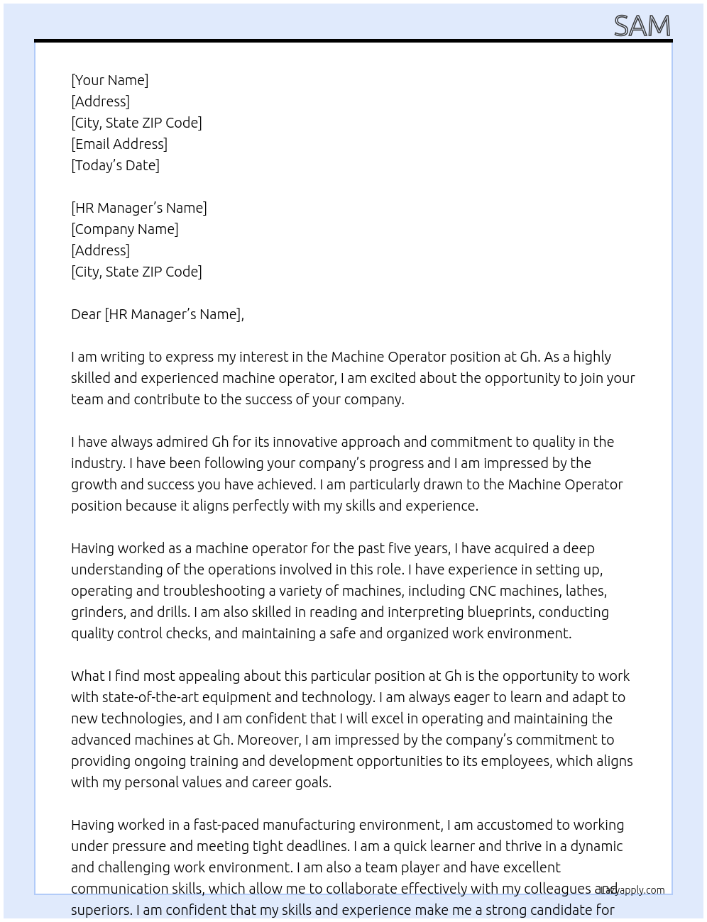 Machine operator At Gh Cover Letter