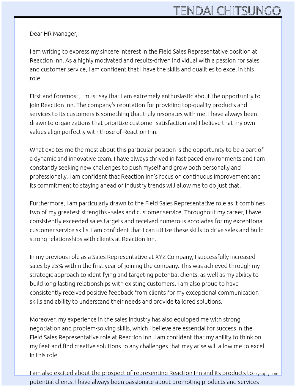 Field Sales Representative At Reaction Inn Cover Letter