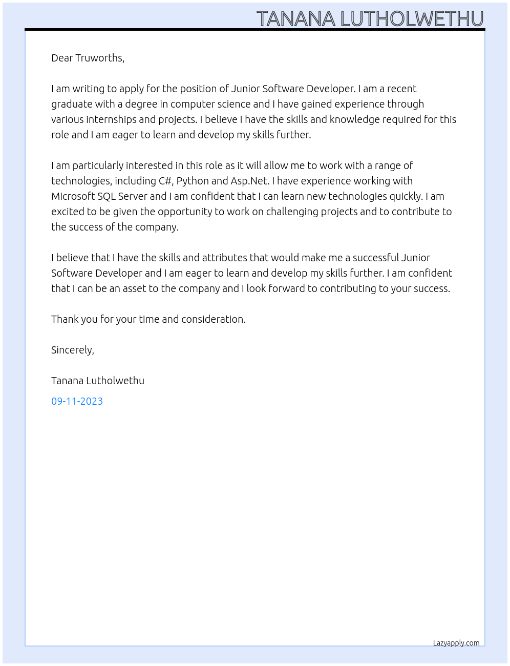 Junior Software Developer At Truworths Cover Letter
