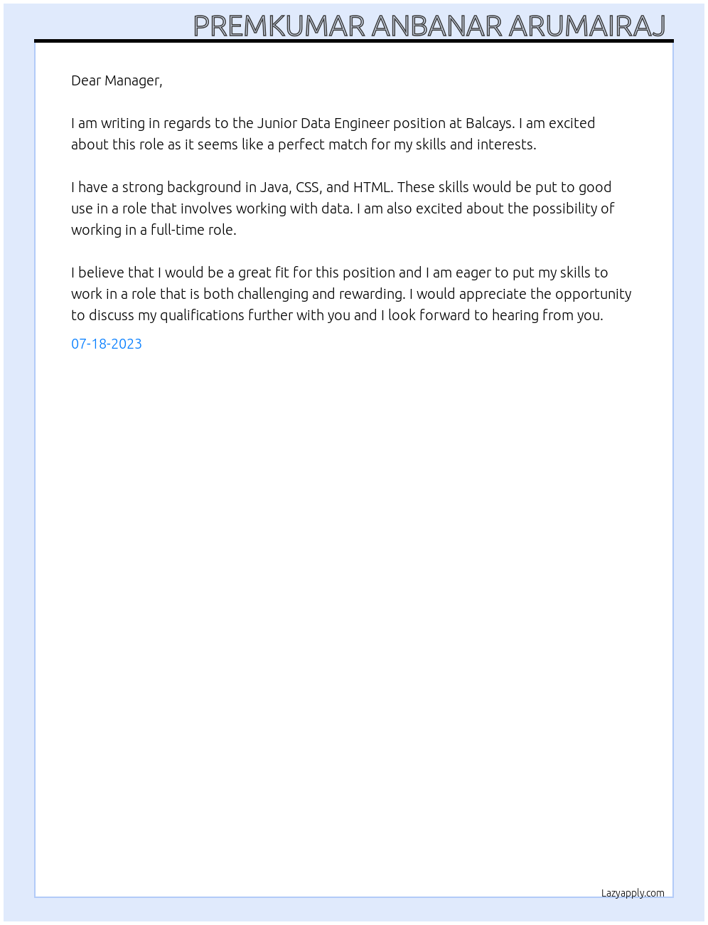 Junior data engineer At Balcays Cover Letter