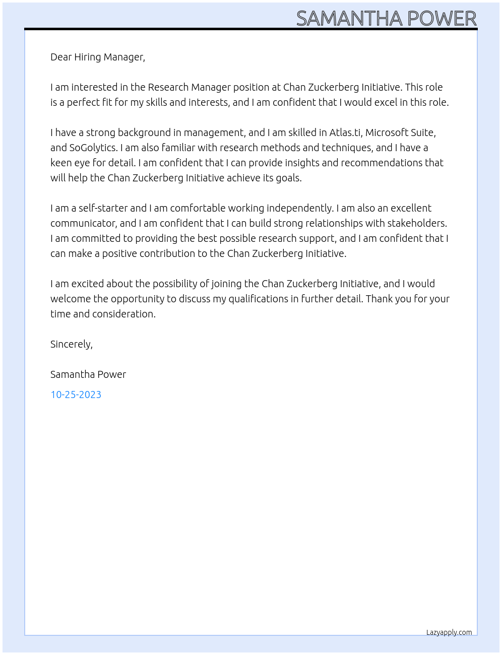 Research Manager At Chan Zuckerberg Initiative Cover Letter
