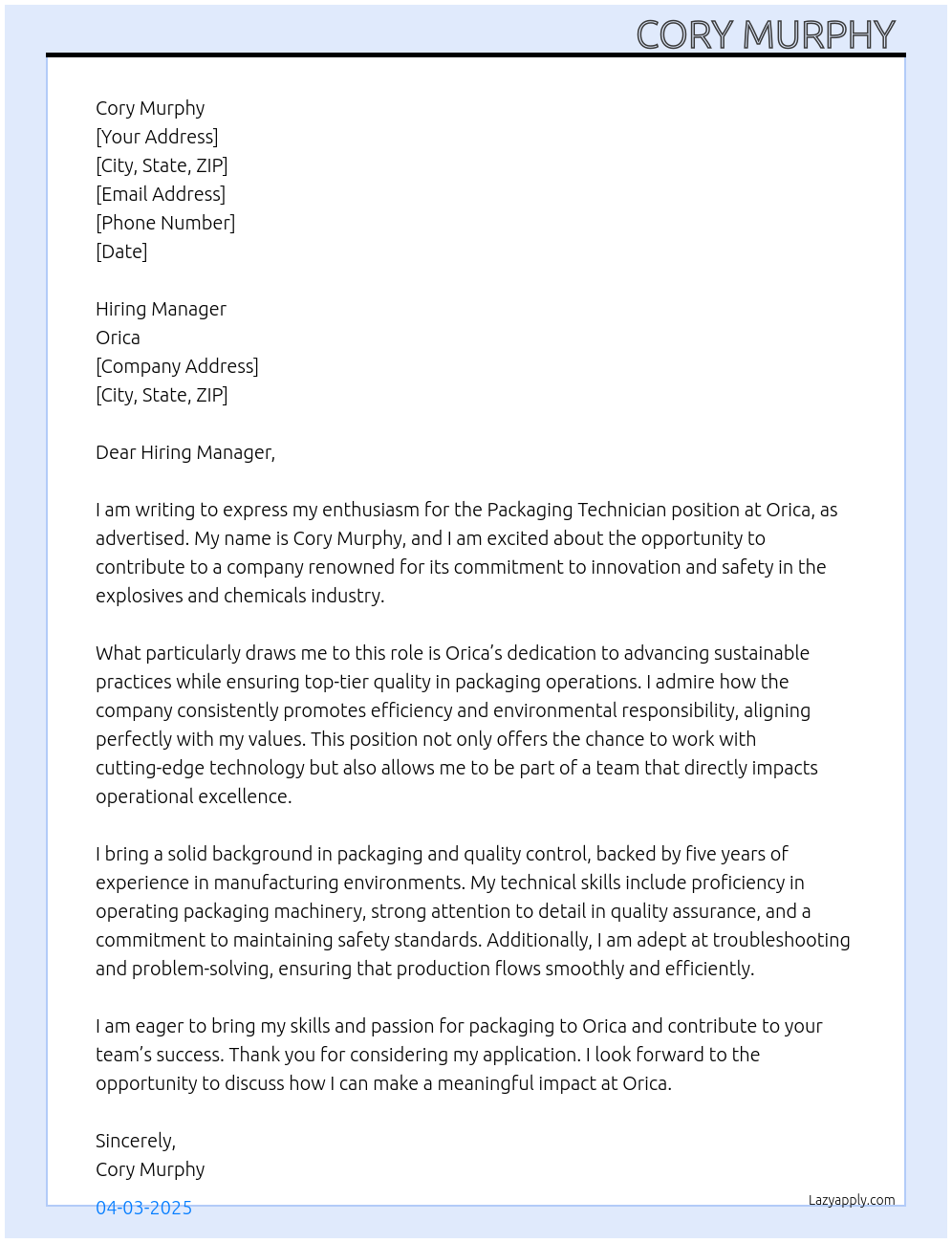 Packaging Technician  At Orica Cover Letter