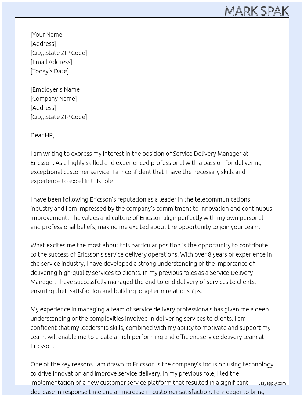 Service Delivery Manager At Ericsson Cover Letter