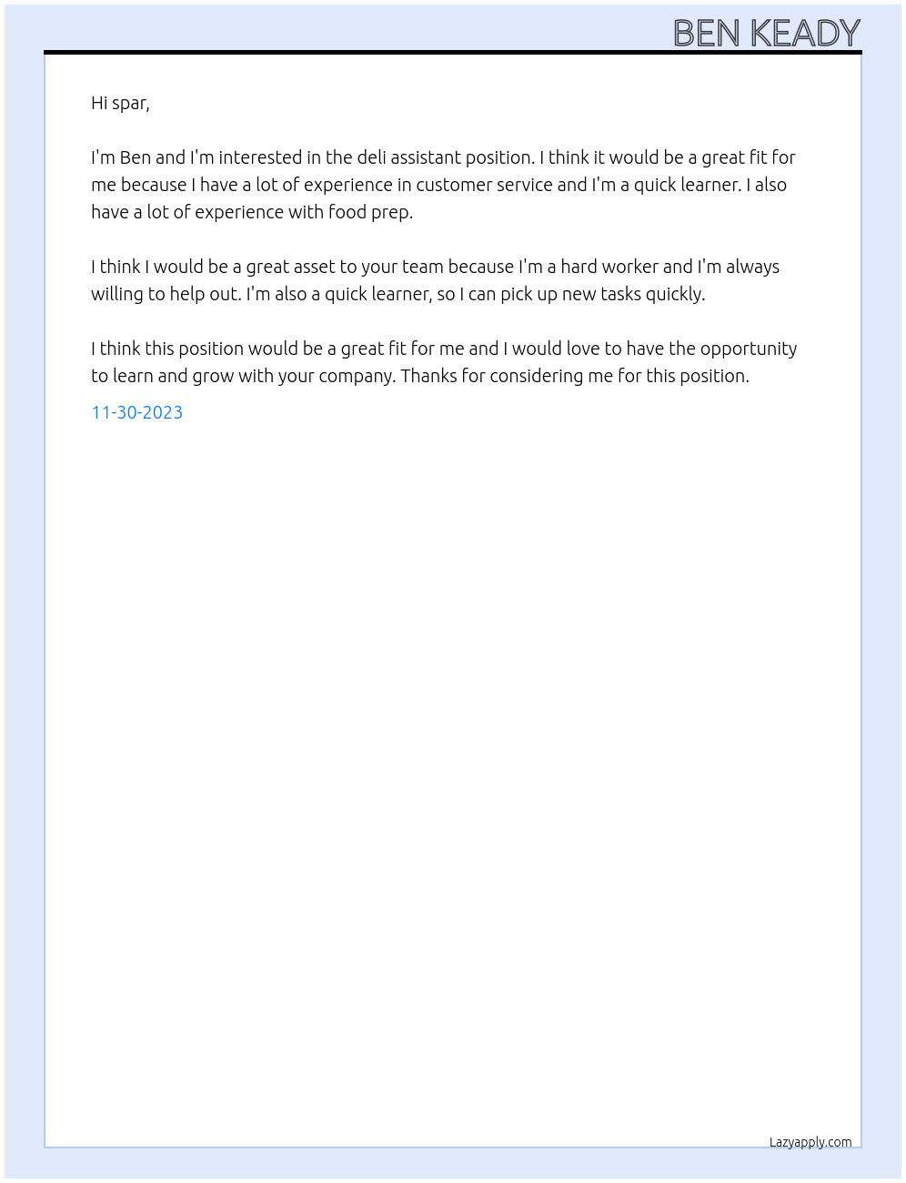 deli assistant At spar Cover Letter