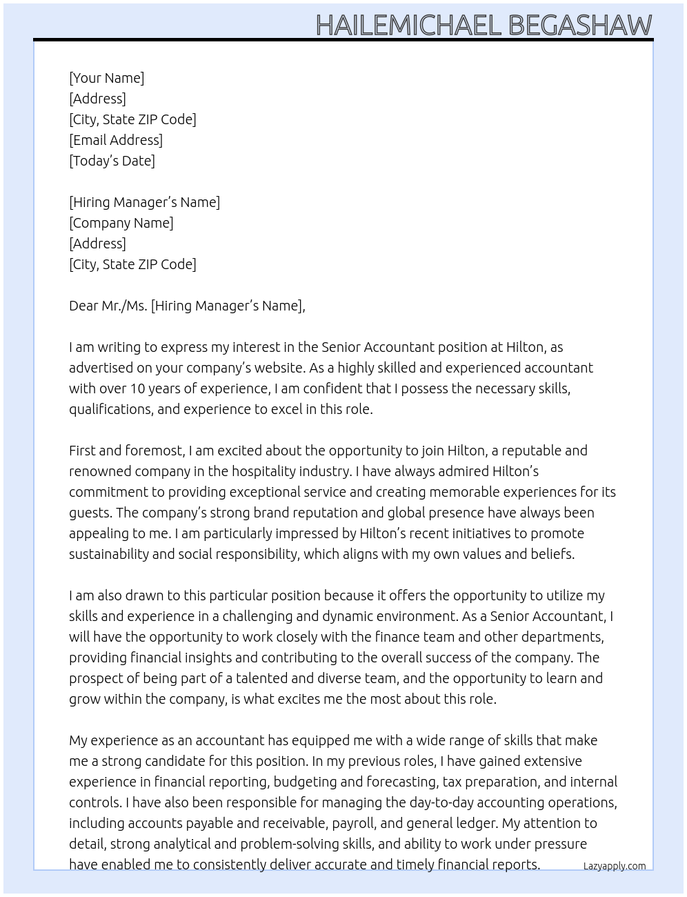 senior accountant At Hilton Cover Letter