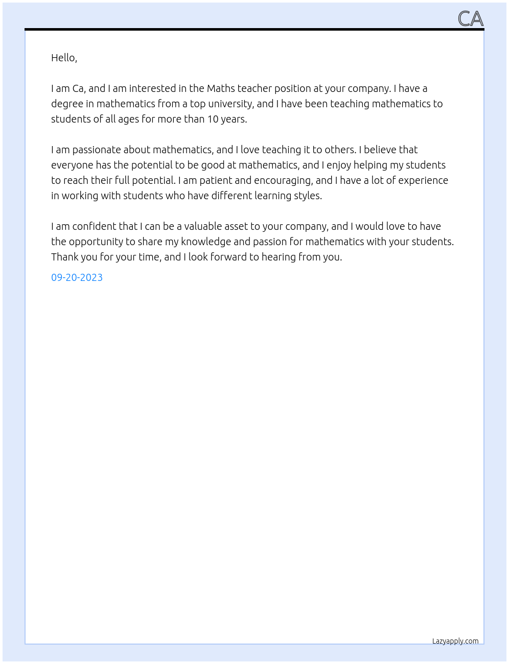 Maths teacher At ca Cover Letter