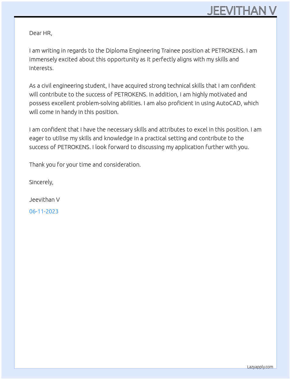 Diploma Engineering Trainee  At PETROKENS Cover Letter