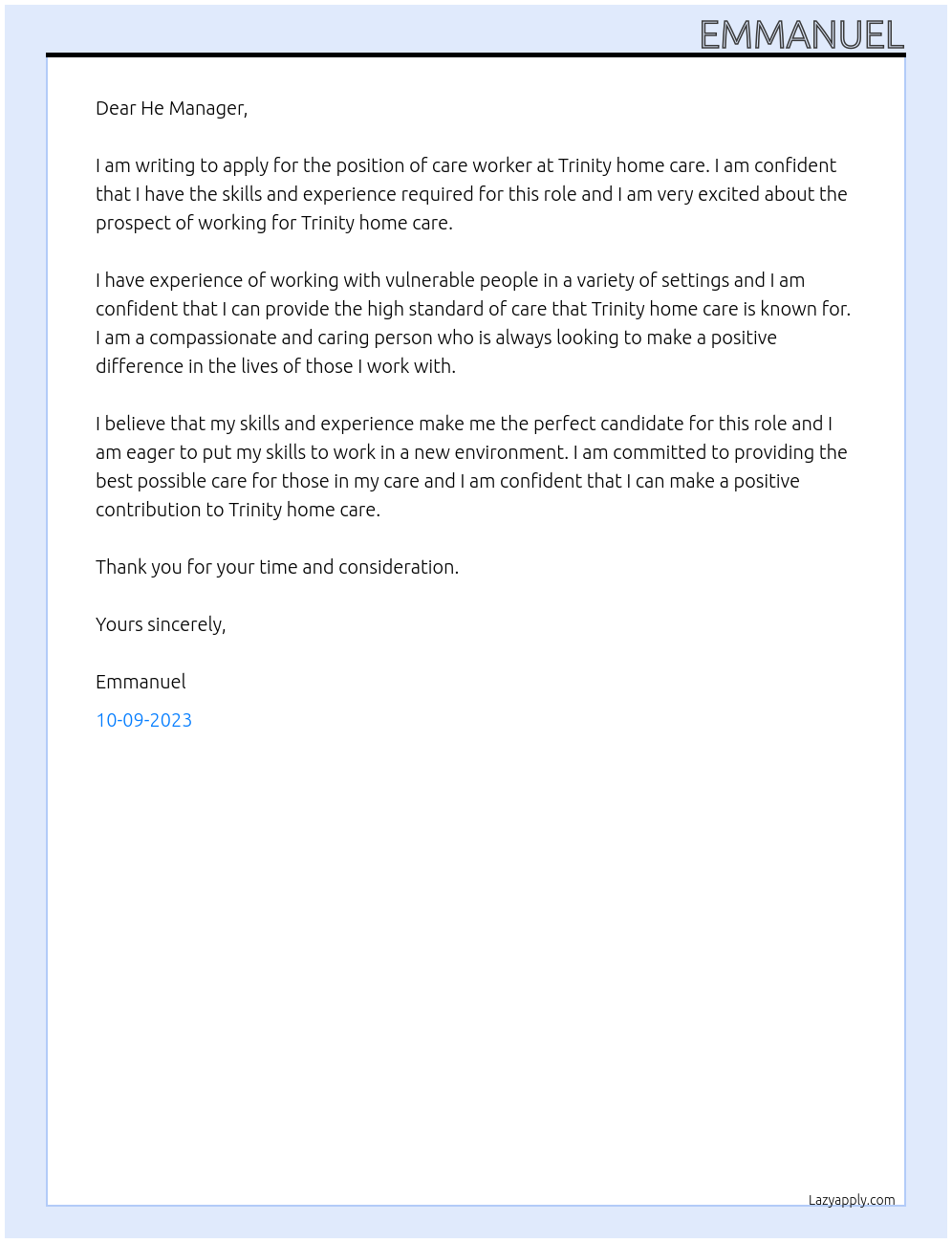 Care worker At Trinity home care Cover Letter