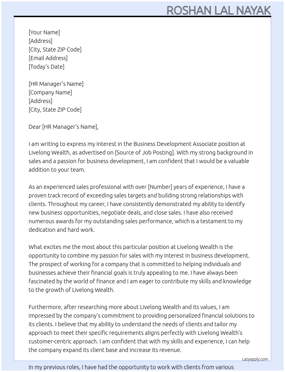 Business development associate At Livelong wealth Cover Letter