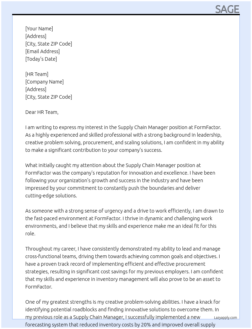 Supply Chain Manager At FormFactor Cover Letter