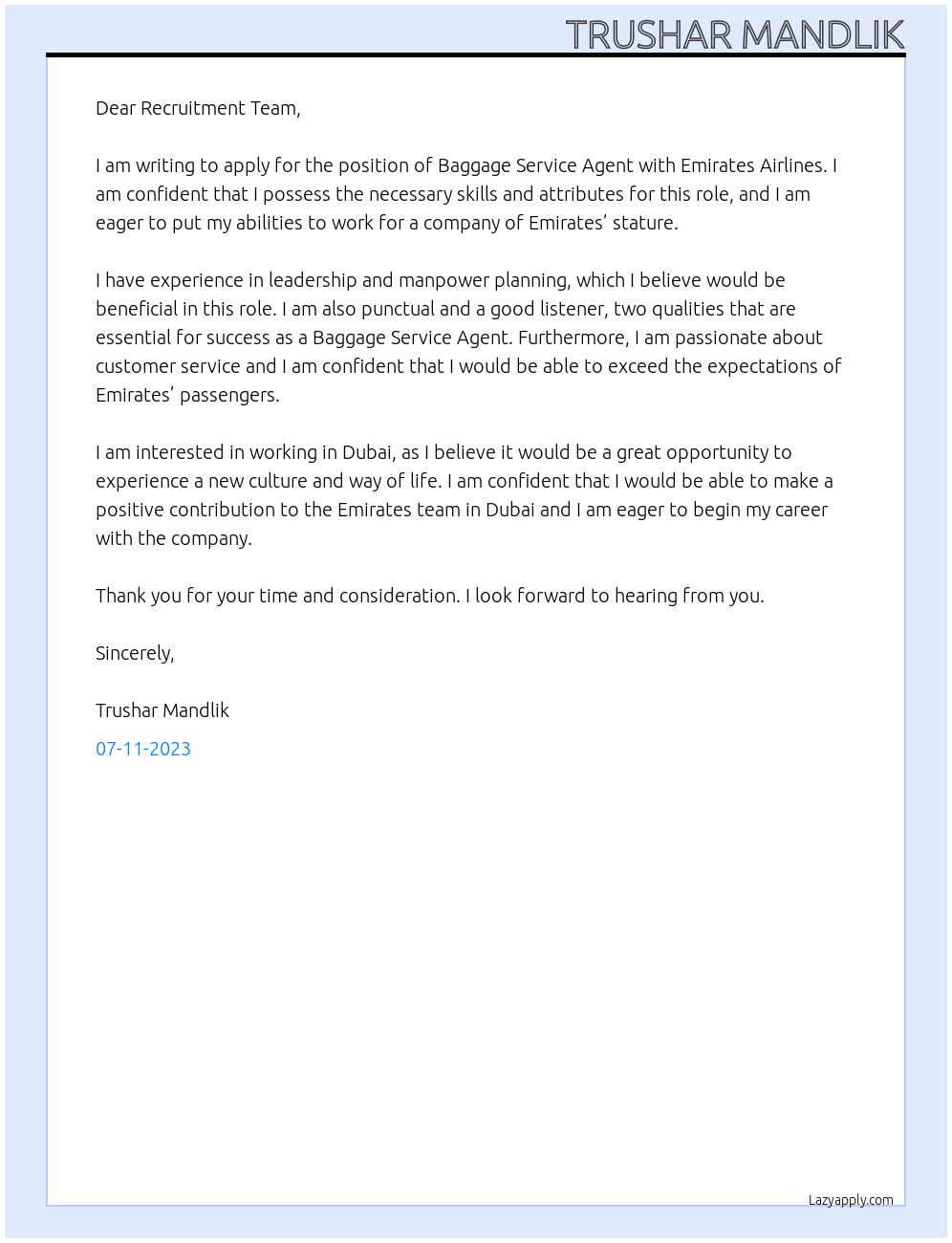 Baggage service agent At Emirates Airlines Cover Letter