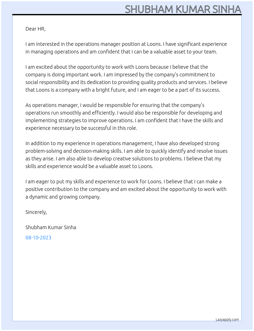 operation manager At loons Cover Letter